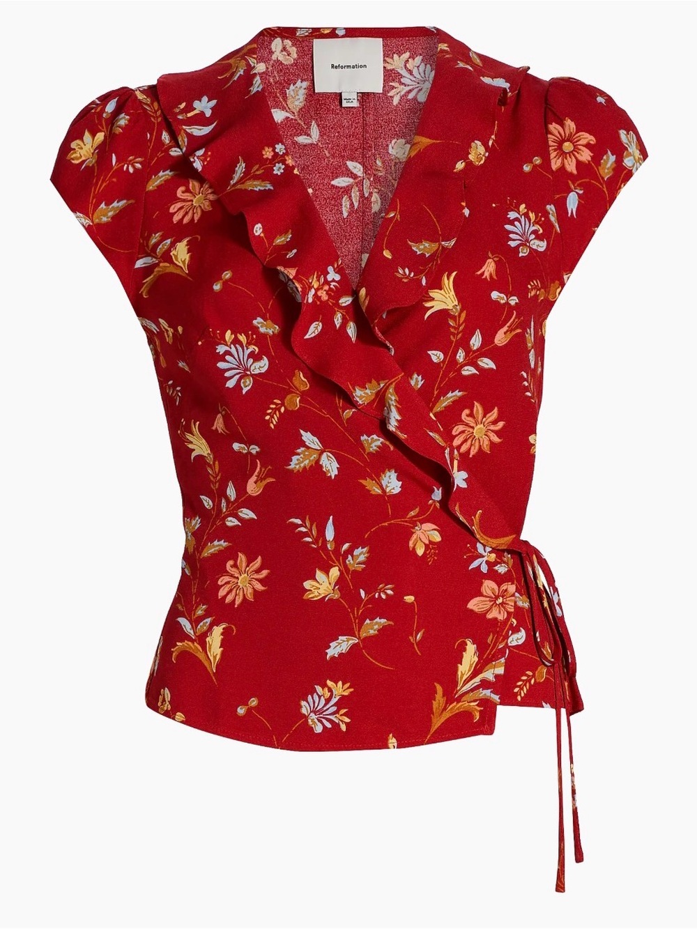 Reformation Red Floral Ruffle Wrap Top